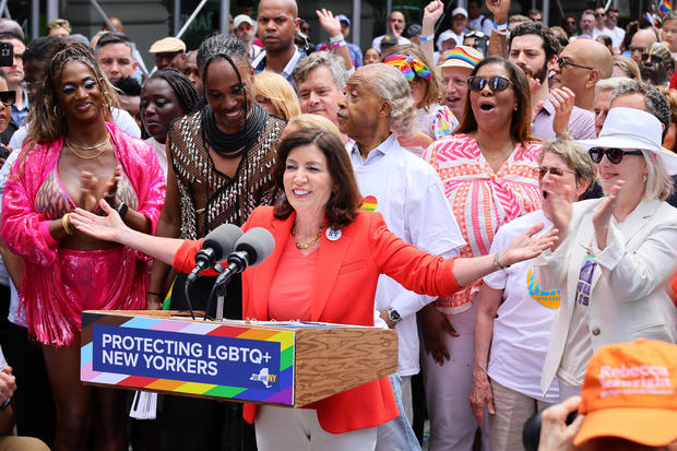 The Governor of New York, Kathy Hochul speaks during the 2023 New York City Pride March on June 25, 2023 in New York City. 