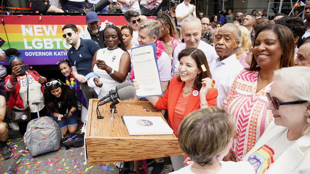Governor Kathy Hochul signs nation-leading legislation to protect and affirm the LGBTQ+ community at the 2023 New York City Pride March on June 25, 2023 in New York City. 