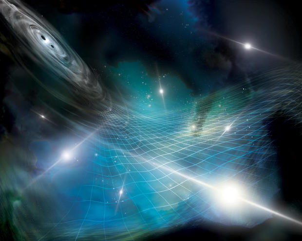 Artistic interpretation of an array of pulsars being affected by gravitational ripples produced by a supermassive black hole binary in a distant galaxy 