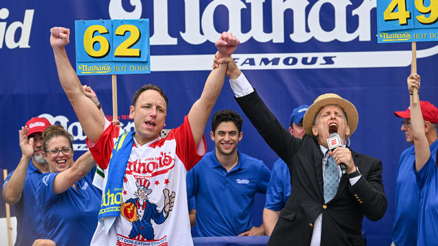 Miki Sudo competes in the Nathan's Famous Fourth of July International Hot Dog Eating Contest at Coney Island in New York City, July 4, 2023. 