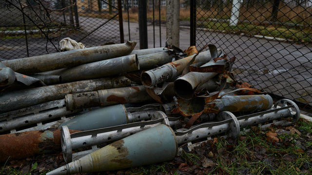 The remains of artillery shells and missiles including cluster munitions are stored on Dec. 18, 2022, in Toretsk, Ukraine. 