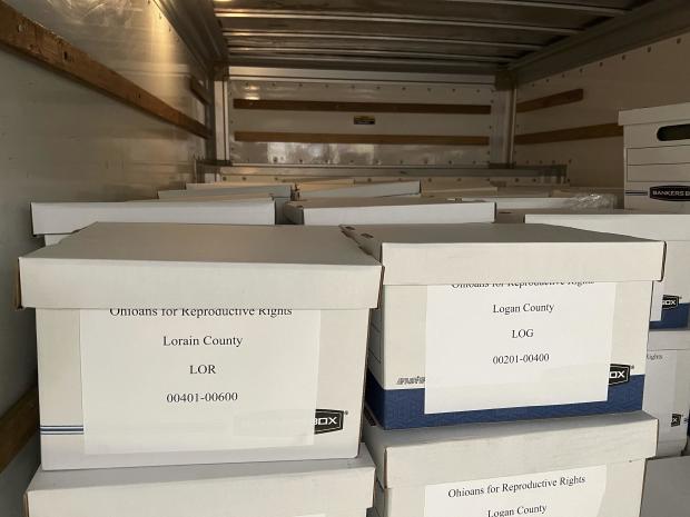 Boxes of signatures are set to be unloaded and delivered to Republican Ohio Secretary of State Frank LaRose's office in downtown Columbus, Ohio, on Wednesday, July 5, 2023. 