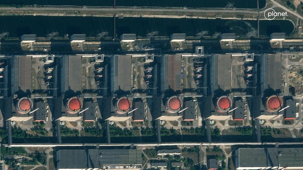 A satellite image provided by Planet Labs shows the six reactor buildings at the sprawling Zaporizhzhia Nuclear Power Plant in Enerhodar, southeast Ukraine, July 5, 2023