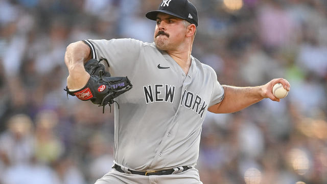 Carlos Rodon #55 of the New York Yankees pitches against the Colorado Rockies in the second inning of a game at Coors Field on July 14, 2023 in Denver, Colorado. 