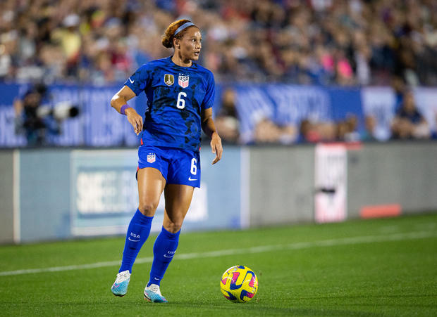 Lynn Williams plays for the U.S. Women's National Team against Brazil on February 22, 2023, during the SheBelieves Cup. 