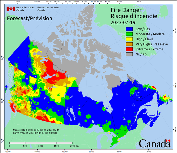 A map from Natural Resources Canada shows the fire danger index for the country for July 19, 2023. 