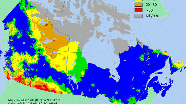 A map from Natural Resources Canada shows the fire weather index for the country for July 17, 2023. 