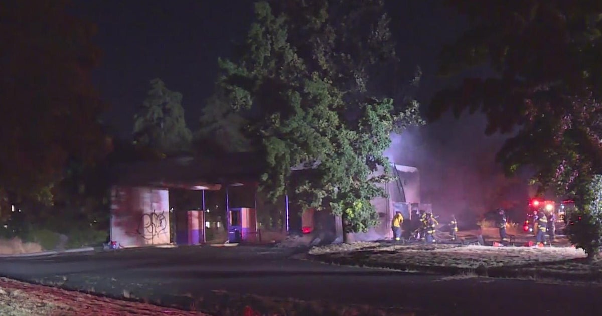 Entry gate of former Sleep Train/ARCO Arena in Sacramento catches fire
