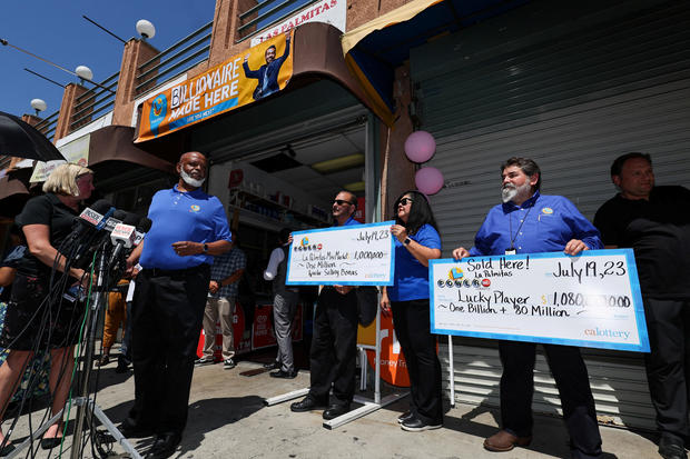 Alva Johnson, director of the California State Lottery, stands in front of Las Palmitas Mini Market after the small shop sold the winning Powerball ticket for an estimated $1.08 billion jackpot in Los Angeles, July 20, 2023. 
