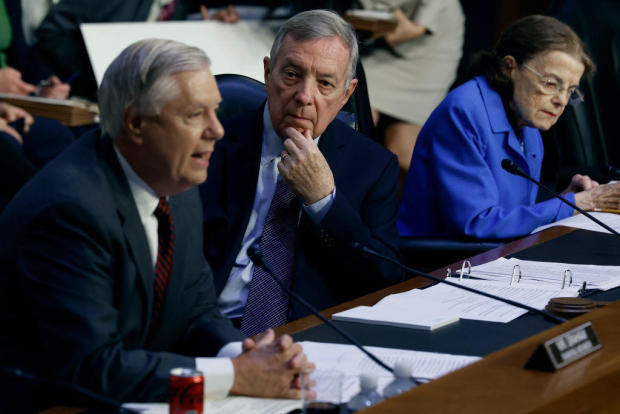 Senate Judiciary Committee ranking member Sen. Lindsey Graham, Chairman Richard Durbin and Sen. Dianne Feinstein at a committee business meeting to debate Supreme Court ethics reform in the Hart Senate Office Building on Capitol Hill on July 20, 2023, in Washington, D.C. 