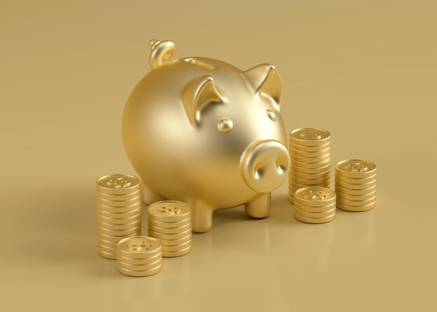 Piggy piggy bank and dollar coins 