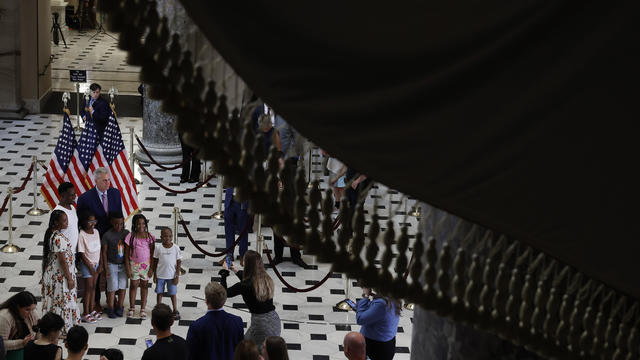 House Speaker Kevin McCarthy Hosts Photo Line And Media Availability In The Capitol's Statuary Hall 