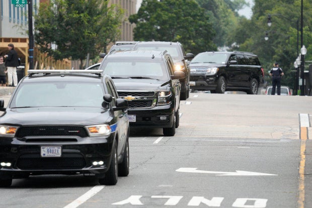 The motorcade of former U.S. President Donald Trump arrives at the Elijah Barrett Prettyman Courthouse on Aug. 3, 2023, in Washington, D.C.