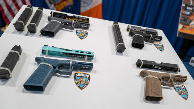 Confiscated "ghost guns" are displayed before a news conference with New York Mayor Eric Adams and Attorney General Letitia James on June 29, 2022, in New York City. 