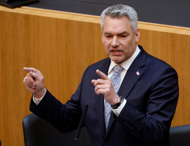 FILE PHOTO: Austrian Chancellor Nehammer delivers his speech in the Parliament in Vienna