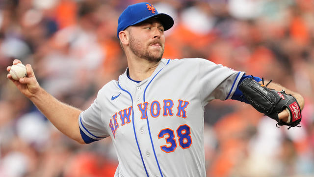 Tylor Megill #38 of the New York Mets pitches in the first inning during a baseball game against the Baltimore Orioles at Oriole Park at Camden Yards on August 4, 2023 in Baltimore, Maryland. 