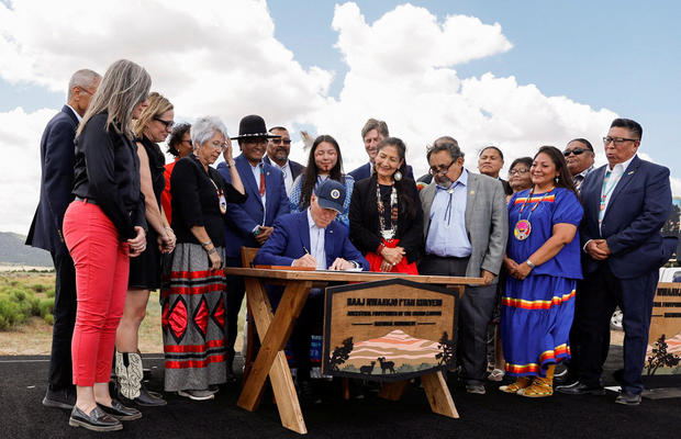 President Biden signs a proclamation establishing the Baaj Nwaavjo I'tah Kukveni — Ancestral Footprints of the Grand Canyon National Monument, at the Historic Red Butte Airfield in Tusayan, Arizona, on Aug. 8, 2023. 