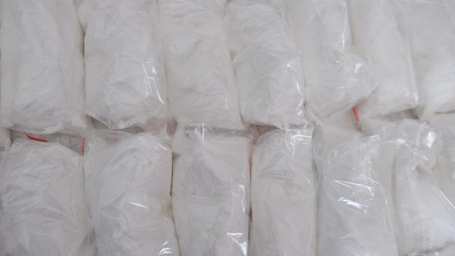 A large number of transparent sachets filled with white powder. White powder packaged in small sachets. 