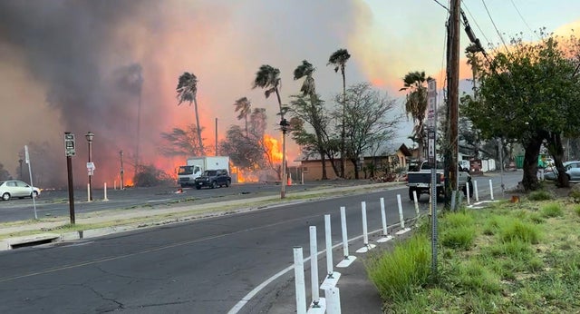 Smoke and flames rise in Lahaina, Hawaii, August 8, 2023, in this still image from video obtained from social media.
