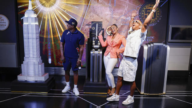 Jadakiss, Ashanti and Ja Rule pose as Jadakiss, Ja Rule and Ashanti Light Up the Empire State Building in Celebration of the 50th Anniversary of Hip-Hop at The Empire State Building on August 10, 2023 in New York City. 