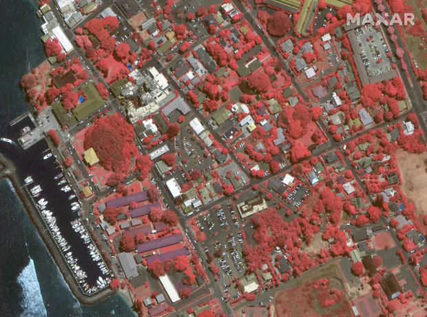 A satellite image shows an infrared overview of an area in Lahaina, Maui County, Hawaii 