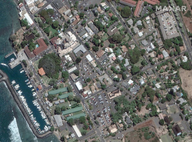 A satellite image shows an overview of Lahaina, Maui County, in Hawaii