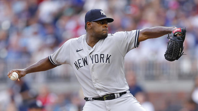 Luis Severino #40 of the New York Yankees pitches during the first inning against the Atlanta Braves at Truist Park on August 15, 2023 in Atlanta, Georgia. 