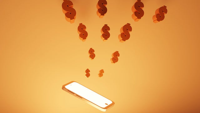 Golden Smartphone with $ Dollar sign, fintech concept with copy space , 3D render 