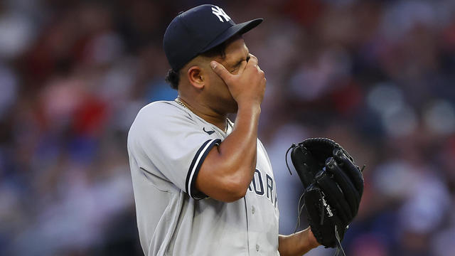 Randy Vasquez #98 of the New York Yankees reacts during the fourth inning against the Atlanta Braves at Truist Park on August 16, 2023 in Atlanta, Georgia. 