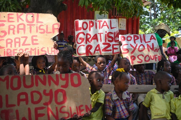 People demonstrate to demand the release of kidnapped New Hampshire nurse Alix Dorsainvil and her daughter in Port-au-Prince, Haiti, August 3, 2023.