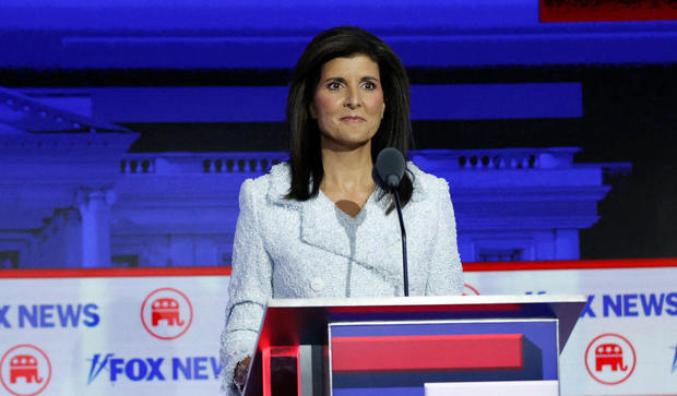 Nikki Haley takes part in the first Republican presidential primary debate at the Fiserv Forum in Milwaukee, Wisconsin, on Aug. 23, 2023. 