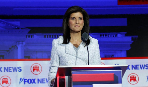 Nikki Haley takes part in the first Republican presidential primary debate at the Fiserv Forum in Milwaukee, Wisconsin, on Aug. 23, 2023.