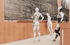 Robot women solving equations on blackboard 