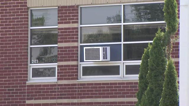 An in-window air conditioner seen in the window of a classroom at a school in the Metuchen Public School District. 