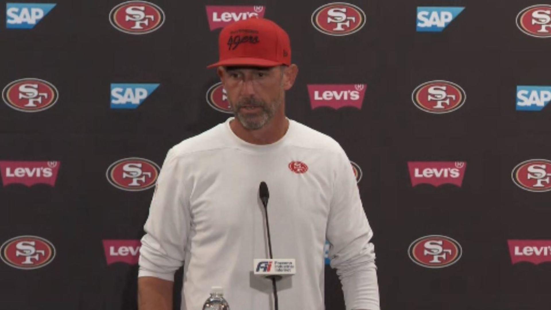 San Francisco 49ers head coach Kyle Shanahan speaks at news