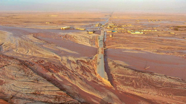 Floodwaters cover the area after a powerful storm and heavy rainfall hit Al-Mukhaili, Libya, on September 11, 2023, in this handout picture. 