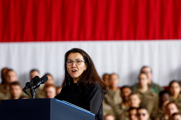 Representative Mary Peltola speaks to service members, first responders, and their families, as President Biden visits Anchorage on Sept. 11, 2023. 