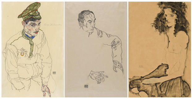 A photo split of three artworks by Egon Schiele including "Russian War Prisoner," "Portrait of a Man" and "Girl With Black Hair." 