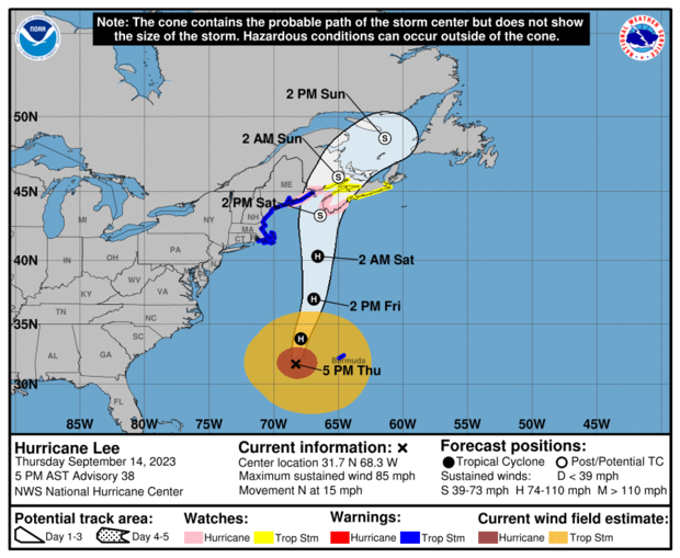 A map from the National Hurricane Center shows the probable path of Hurricane Lee as of 5 p.m. EDT on Sept. 14, 2023. 