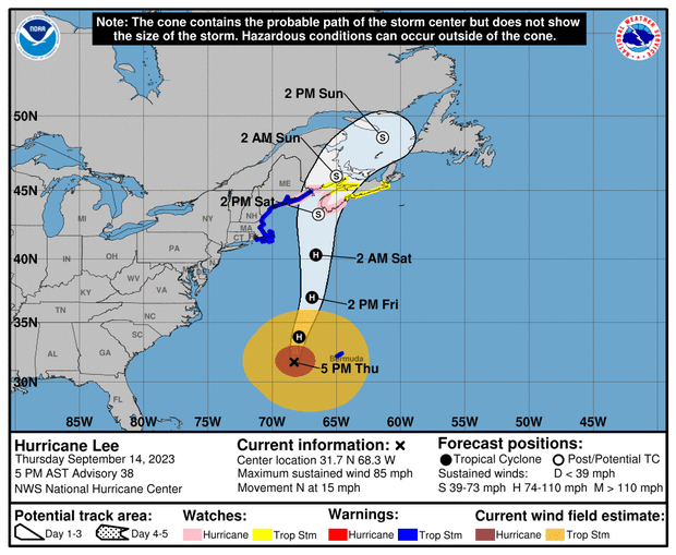 A map from the National Hurricane Center shows the probable path of Hurricane Lee as of 5 p.m. EDT on Sept. 14, 2023.