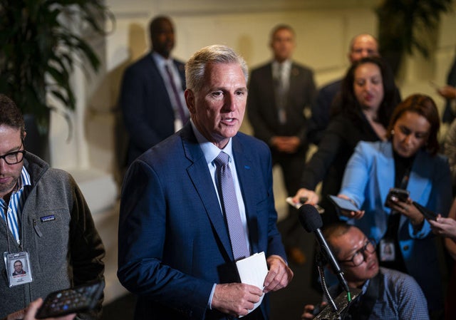 House Speaker Kevin McCarthy speaks to members of the media following a House caucus meeting at the Capitol on Tuesday, Sept. 19, 2023. 