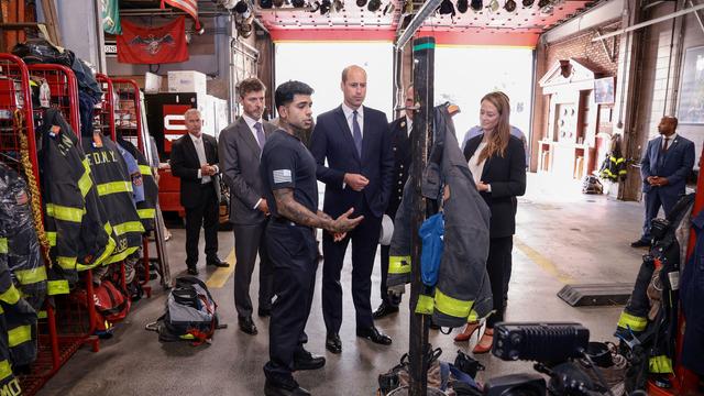 Acting Fire Commissioner Laura Kavanagh and Britain's Prince William, Prince of Wales, tour a New York Fire Department Firehouse in New York City on September 19, 2023. 