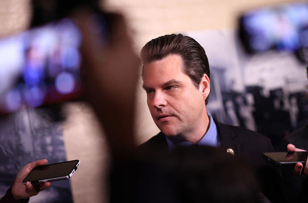 Rep. Matt Gaetz talks to reporters as he leaves a House Republican caucus meeting at the U.S. Capitol on Sept. 19, 2023, in Washington, D.C. 