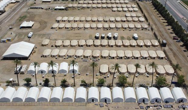 Migrant tent base camp aerial 
