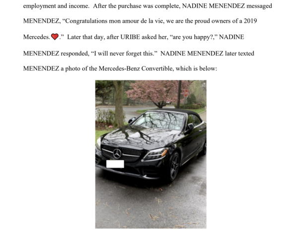 Federal prosecutors included a photo of the Mercedes convertible that Nadine Menendez texted to her husband. 