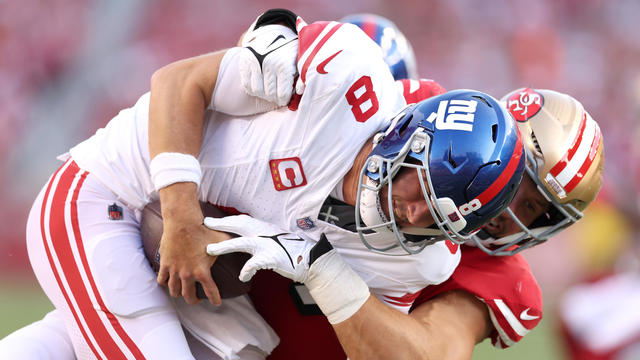 Nick Bosa #97 of the San Francisco 49ers sacks Daniel Jones #8 of the New York Giants during the first quarter in the game at Levi's Stadium on September 21, 2023 in Santa Clara, California. 