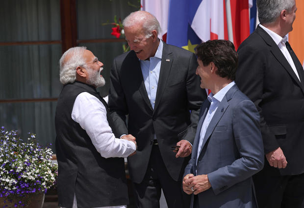Modi, Biden and Trudeau greet one another at the 2022 G7 summit 