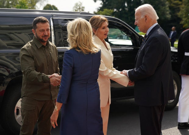 President Biden and first lady Jill Biden welcome Ukrainian President Volodymyr Zelenskyy and his wife Olena as they arrive on the South Lawn of the White House on Sept. 21, 2023