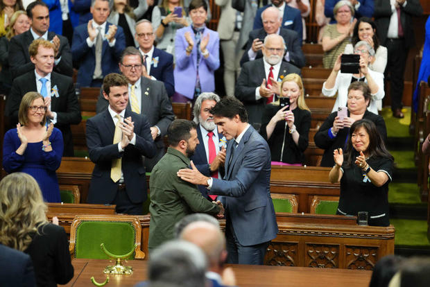 Volodymyr Zelenskyy receives a standing ovation in the House of Commons on Parliament Hill with Justin Trudeau on Friday, Sept. 22, 2023