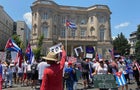 A group of Cubans from Miami protest in front of the Cuban Embassy in Washington, D.C., on Saturday, July 17, 2021. 